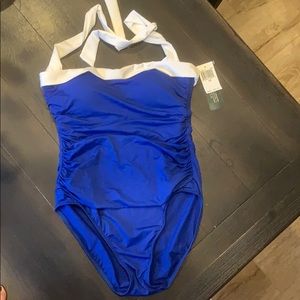 Bright blue and white one piece swimsuit